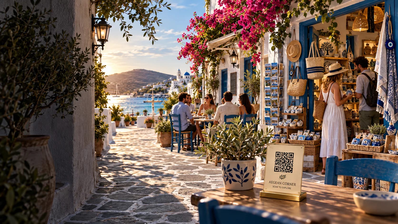 Ein griechisches Café am Meer mit blauem Himmel, türkisfarbenem Wasser und einem QR-Menüaufsteller auf einem Tisch.